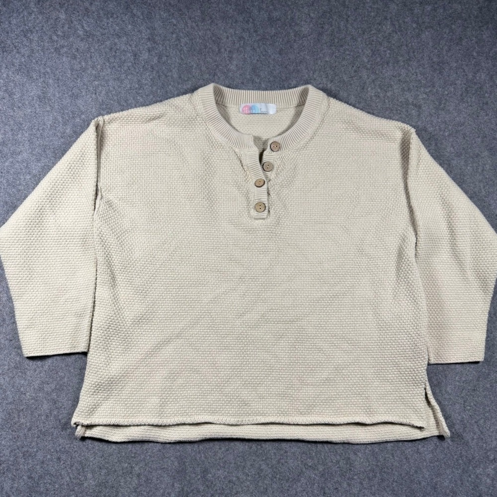 FP Beach Free People Cream Textured Popcorn Knit Henley Sweater Womens Large‎